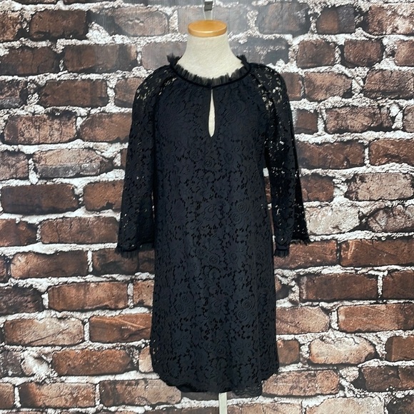 Velvet Dress Black Lace Floral Keyhole Neckline Knee Length Size Medium - Picture 1 of 13